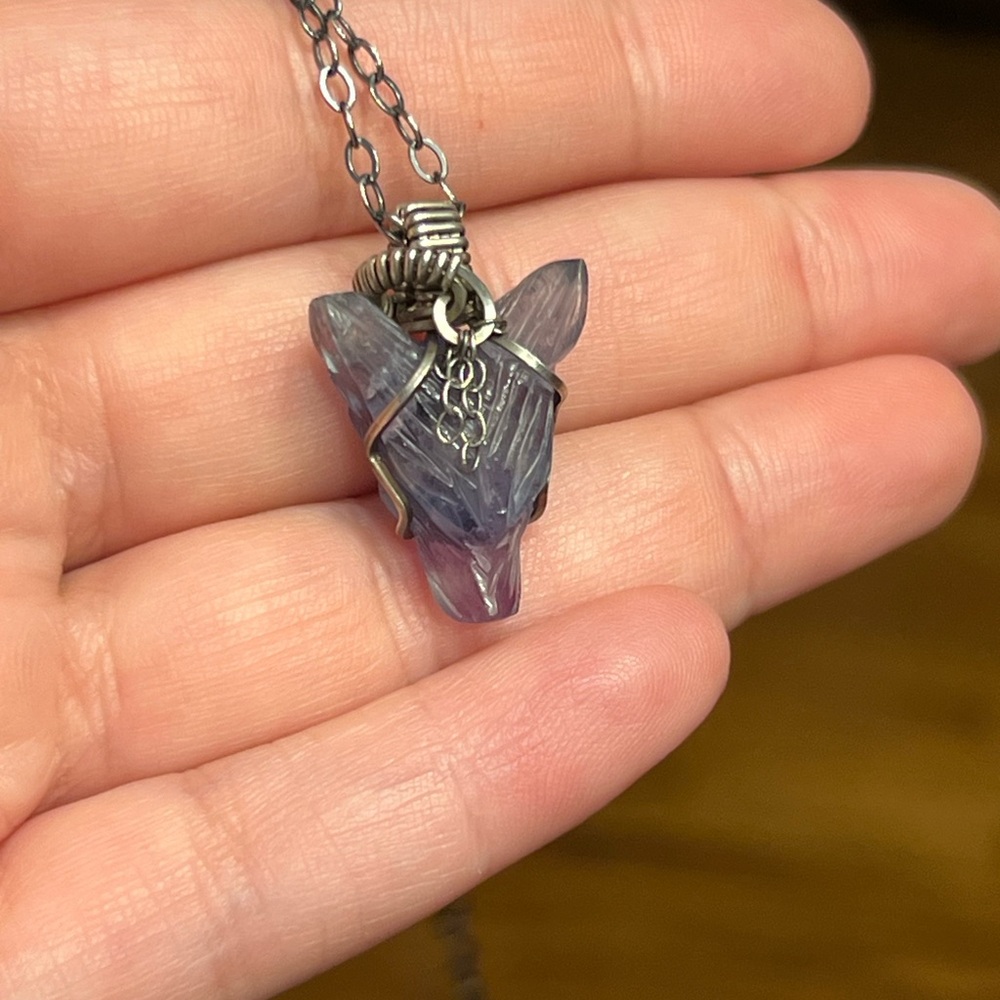 Fluorite Wolf wire wrapped necklace in antiqued silver